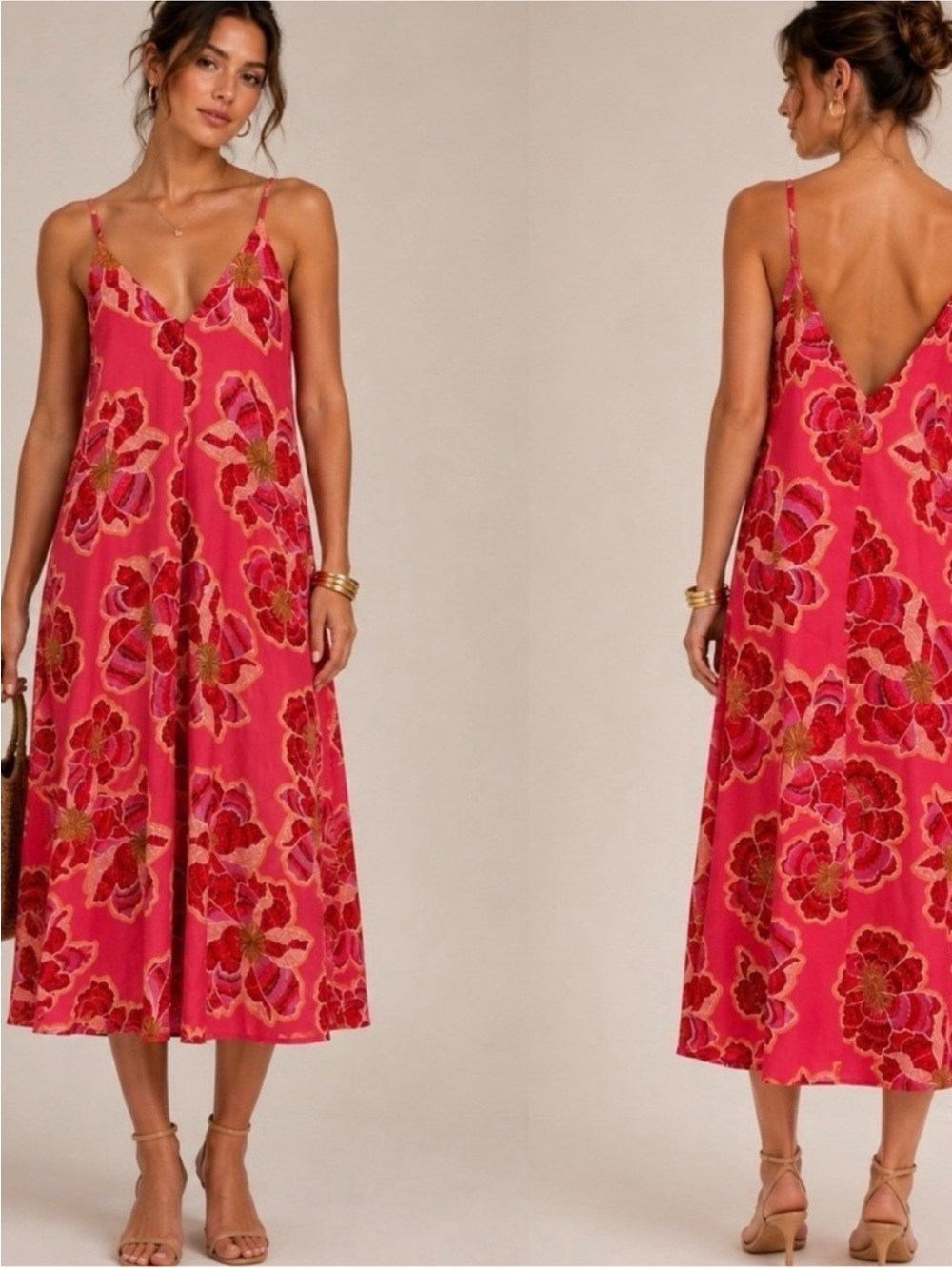 LOFT Textured Floral Linen Blend Strappy Maxi Dress